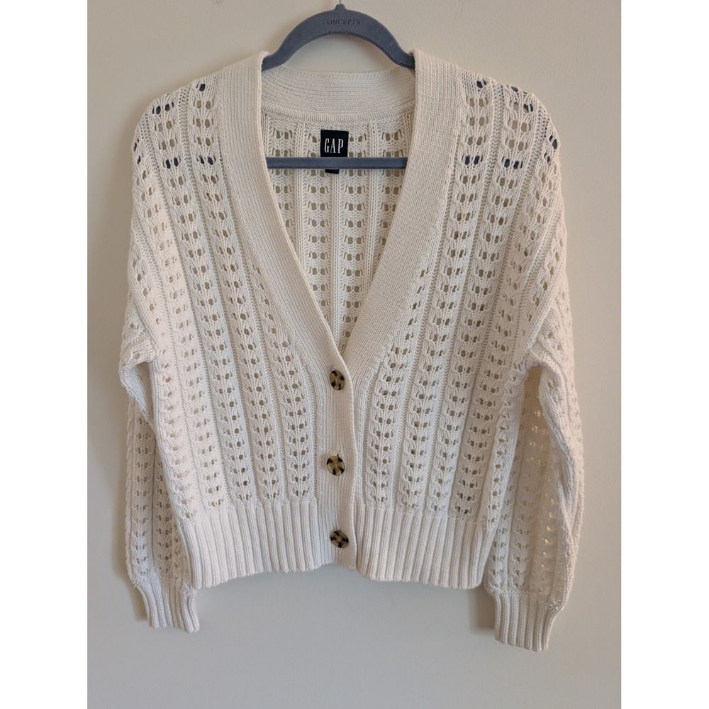 Gap Crochet Cardigan Off White Pointelle Open Knit V-Neck Button Up Small Boho